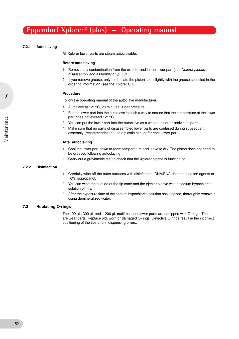 1 autoclaving, 2 disinfection, 3 replacing o-rings | Autoclaving, Disinfection, Replacing o-rings, Eppendorf xplorer® (plus) — operating manual | Eppendorf XplorerPlus User Manual | Page 52 / 74