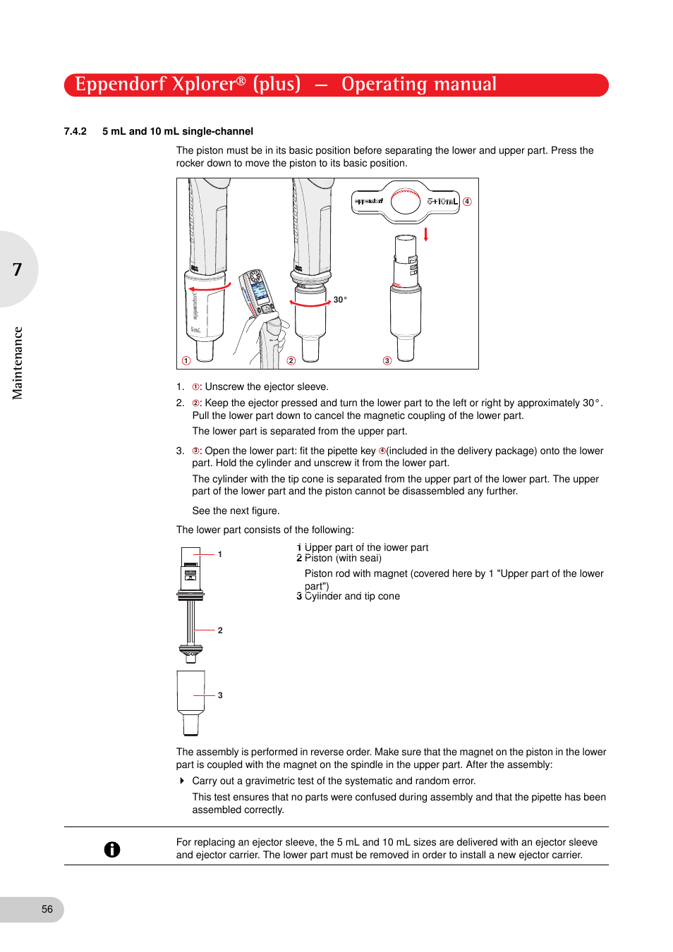 2 5 ml and 10 ml single-channel, 5 ml and 10 ml single-channel, Eppendorf xplorer® (plus) — operating manual | Maintenance | Eppendorf XplorerPlus User Manual | Page 56 / 74