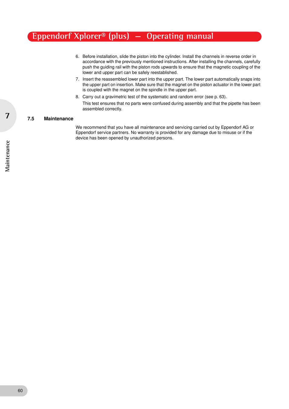 5 maintenance, Maintenance, Eppendorf xplorer® (plus) — operating manual | Eppendorf XplorerPlus User Manual | Page 60 / 74