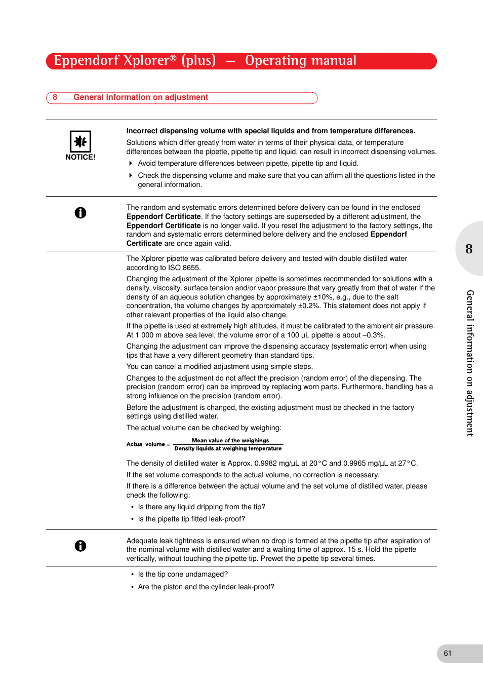 8 general information on adjustment, General information on adjustment, See p. 61). de | Tment" (see p. 61), Eppendorf xplorer® (plus) — operating manual | Eppendorf XplorerPlus User Manual | Page 61 / 74