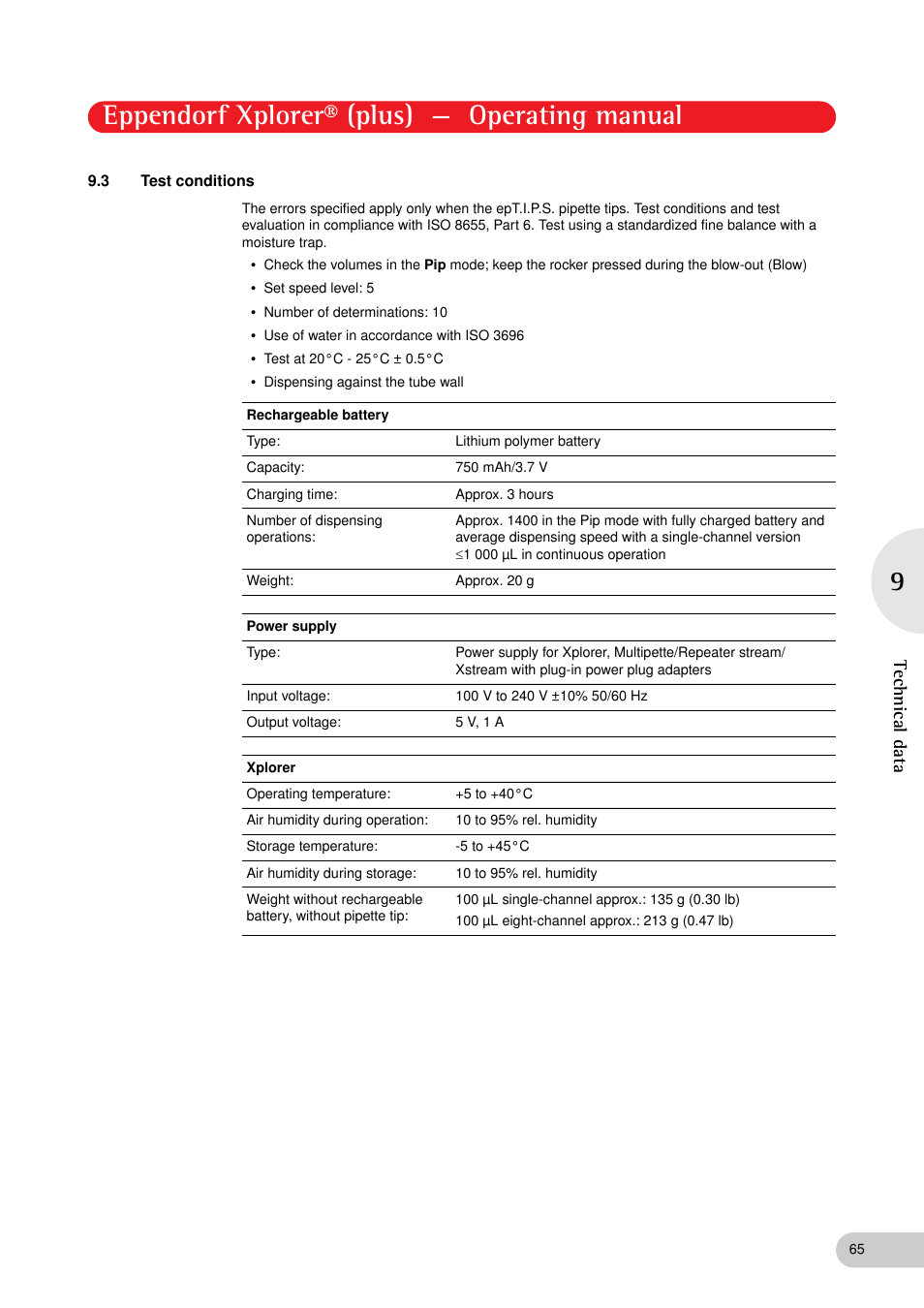 3 test conditions, Test conditions, Eppendorf xplorer® (plus) — operating manual | Technical data | Eppendorf XplorerPlus User Manual | Page 65 / 74