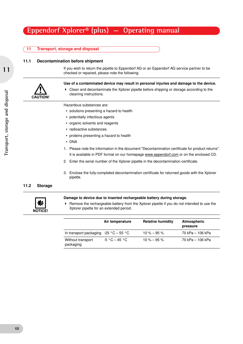 11 transport, storage and disposal, 1 decontamination before shipment, 2 storage | Decontamination before shipment, Storage, Eppendorf xplorer® (plus) — operating manual, Transport, storage and disposal | Eppendorf XplorerPlus User Manual | Page 68 / 74