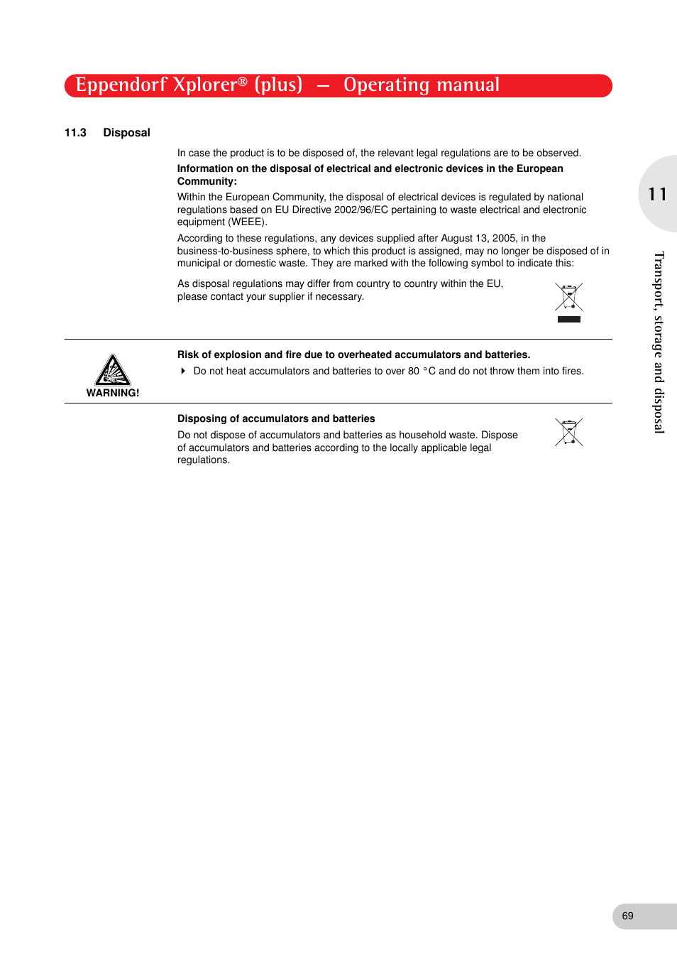 3 disposal, Disposal, Eppendorf xplorer® (plus) — operating manual | Eppendorf XplorerPlus User Manual | Page 69 / 74