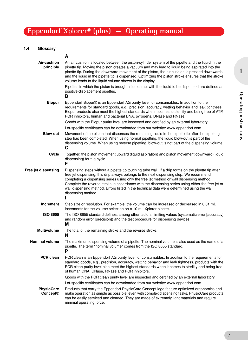 4 glossary, Glossary, Eppendorf xplorer® (plus) — operating manual | Eppendorf XplorerPlus User Manual | Page 7 / 74