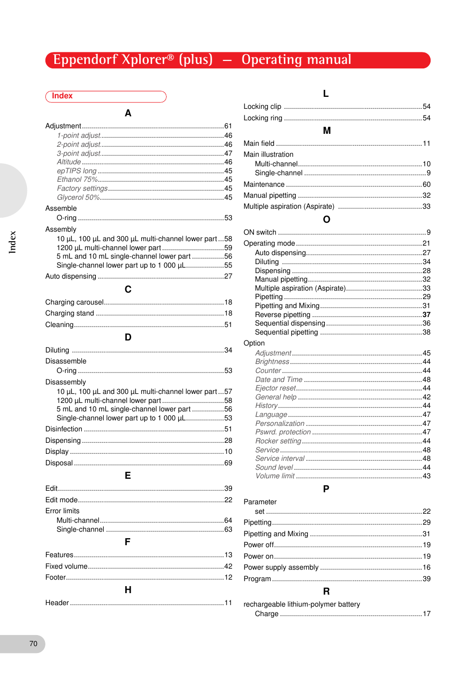 Index, Eppendorf xplorer® (plus) — operating manual | Eppendorf XplorerPlus User Manual | Page 70 / 74