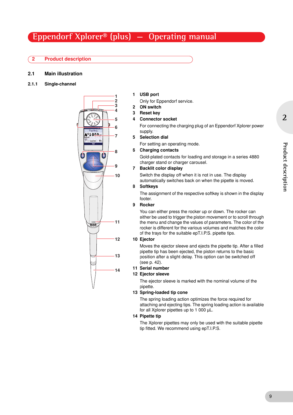 2 product description, 1 main illustration, 1 single-channel | Product description 2.1, Main illustration 2.1.1, Single-channel, Eppendorf xplorer® (plus) — operating manual, Product description, 2product description 2.1 main illustration | Eppendorf XplorerPlus User Manual | Page 9 / 74