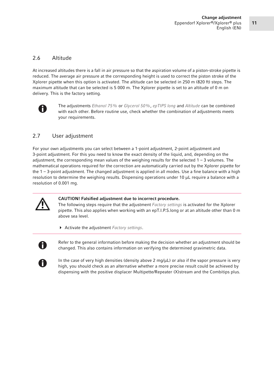6 altitude, 7 user adjustment, Altitude | User adjustment | Eppendorf XplorerPlus Adjustment User Manual | Page 11 / 26