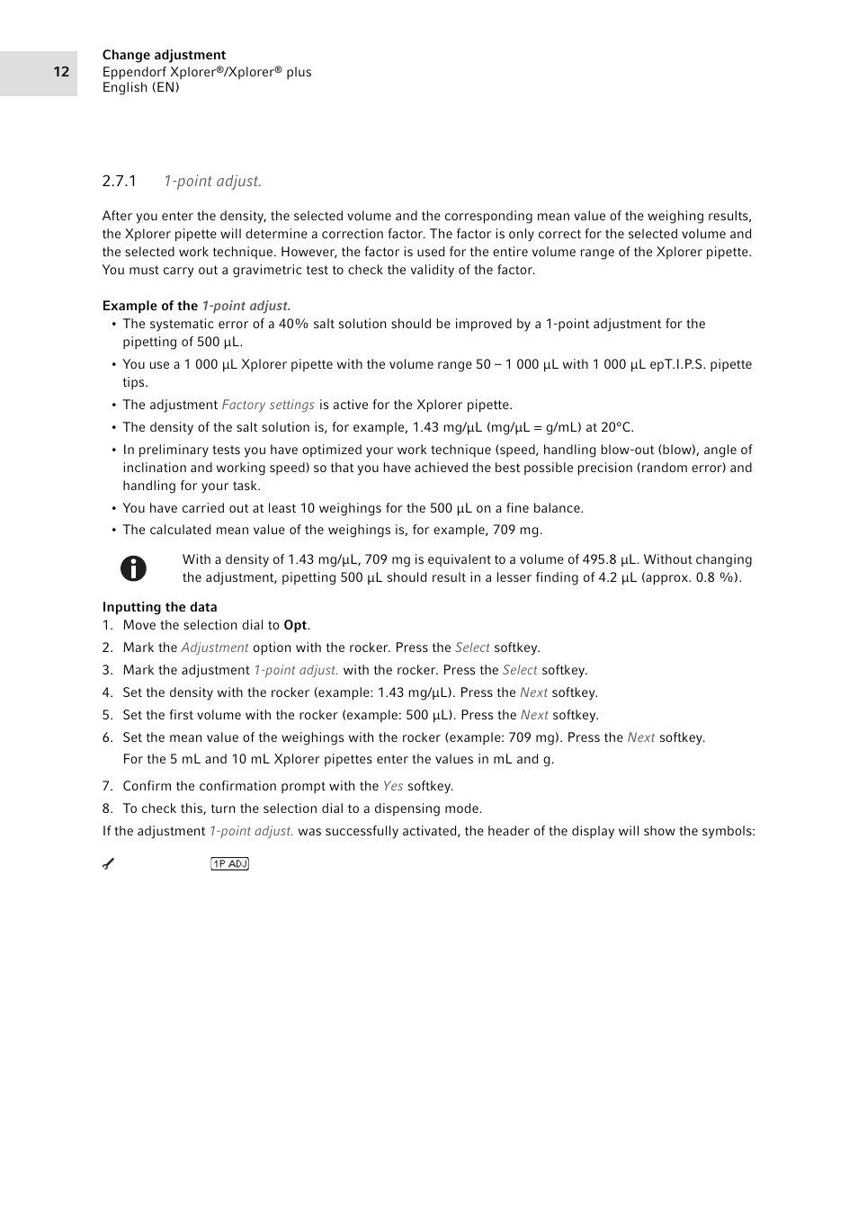 1 1-point adjust, Point adjust | Eppendorf XplorerPlus Adjustment User Manual | Page 12 / 26