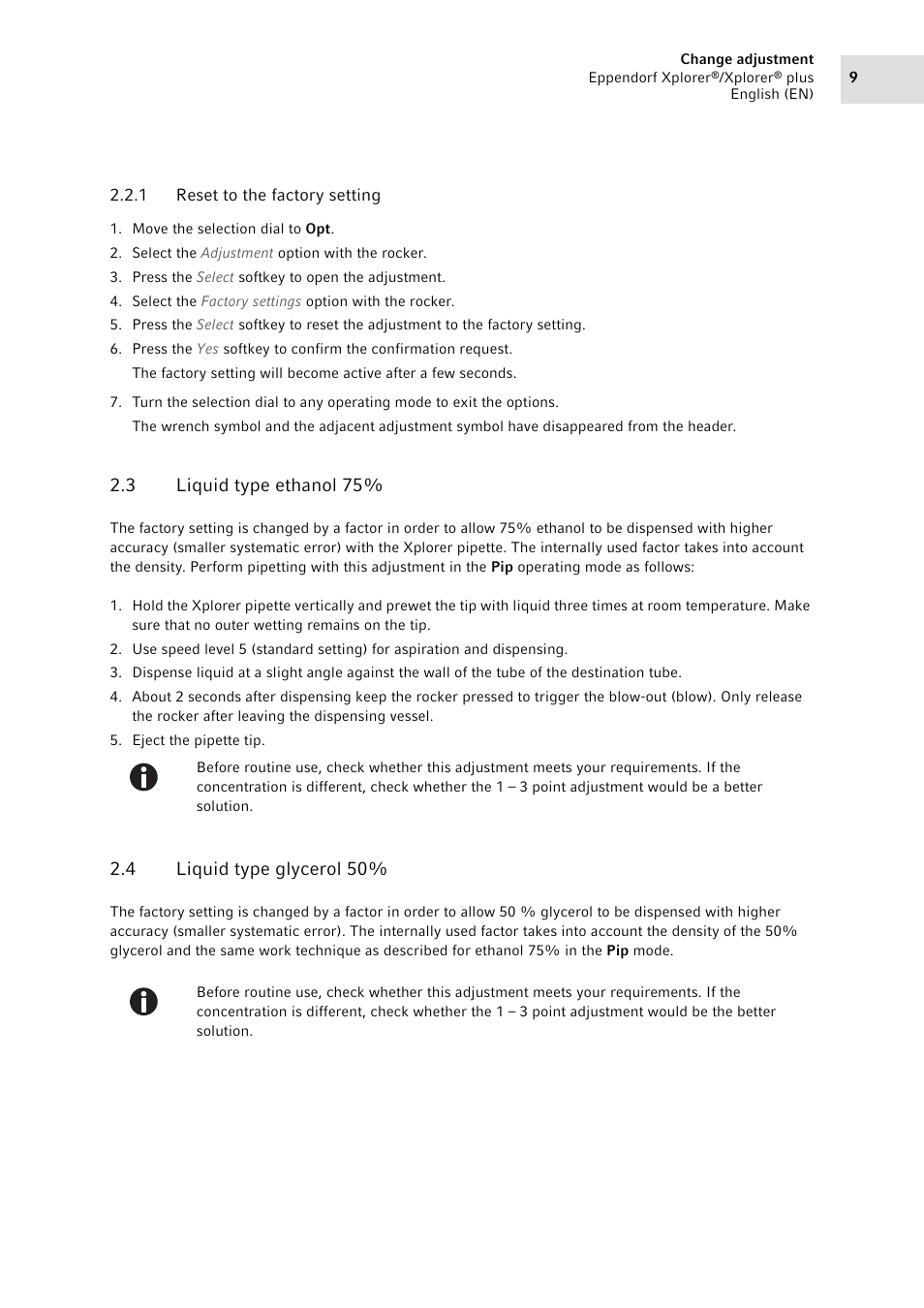 1 reset to the factory setting, 3 liquid type ethanol 75, 4 liquid type glycerol 50 | Reset to the factory setting, Liquid type ethanol 75, Liquid type glycerol 50 | Eppendorf XplorerPlus Adjustment User Manual | Page 9 / 26