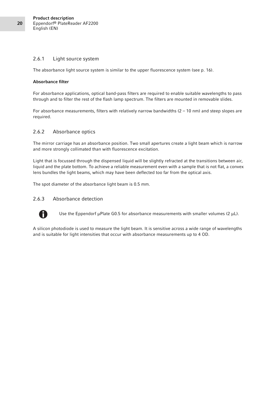1 light source system, 2 absorbance optics, 3 absorbance detection | Light source system, Absorbance optics, Absorbance detection | Eppendorf AF2200 Plate Reader User Manual | Page 20 / 72