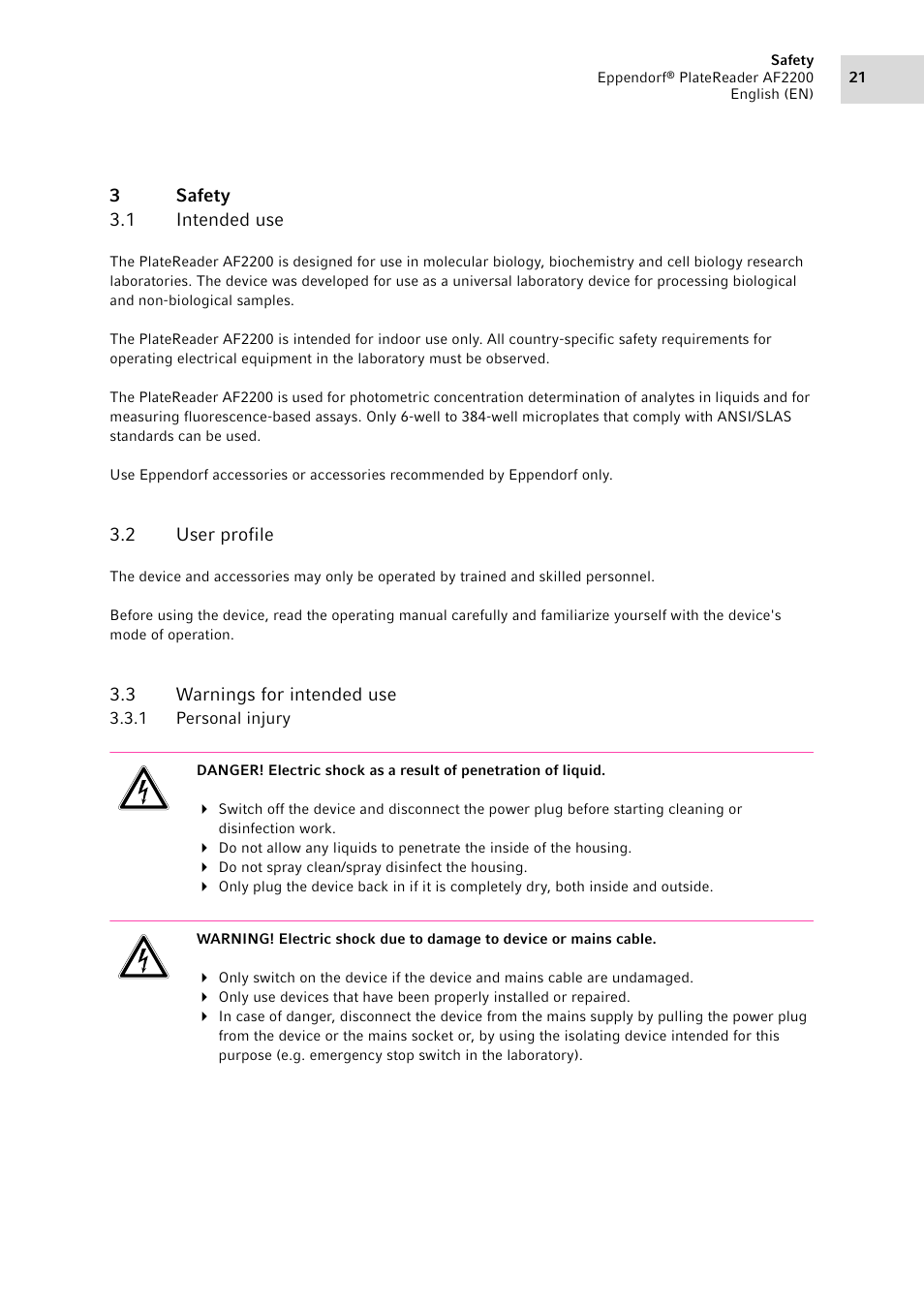3 safety, 1 intended use, 2 user profile | 3 warnings for intended use, 1 personal injury, Safety 3.1, Intended use, User profile, Warnings for intended use 3.3.1, Personal injury | Eppendorf AF2200 Plate Reader User Manual | Page 21 / 72