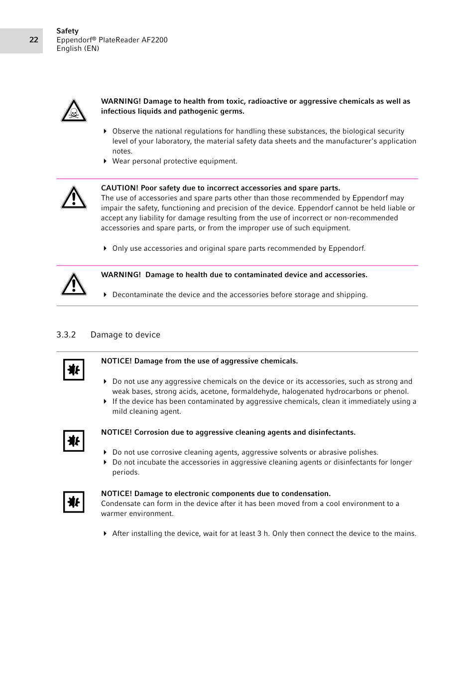 2 damage to device, Damage to device | Eppendorf AF2200 Plate Reader User Manual | Page 22 / 72