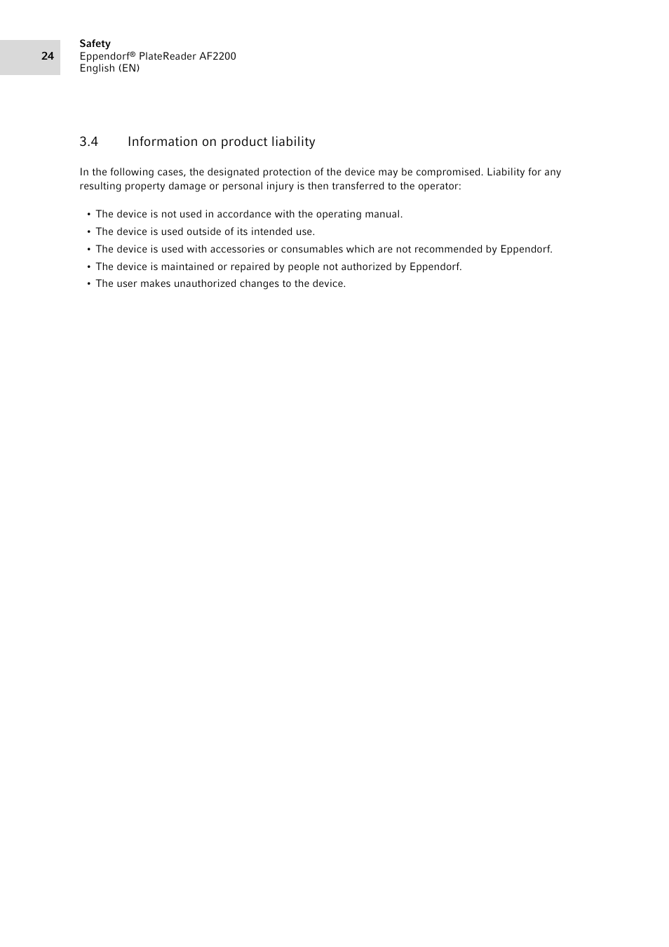 4 information on product liability, Information on product liability | Eppendorf AF2200 Plate Reader User Manual | Page 24 / 72