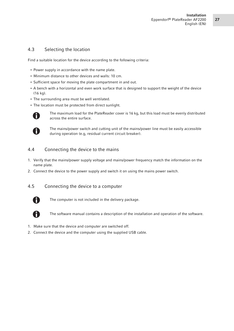 3 selecting the location, 4 connecting the device to the mains, 5 connecting the device to a computer | Selecting the location, Connecting the device to the mains, Connecting the device to a computer | Eppendorf AF2200 Plate Reader User Manual | Page 27 / 72