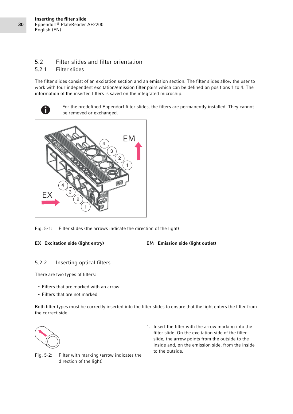 2 filter slides and filter orientation, 1 filter slides, 2 inserting optical filters | Filter slides and filter orientation 5.2.1, Filter slides, Inserting optical filters, Em ex | Eppendorf AF2200 Plate Reader User Manual | Page 30 / 72