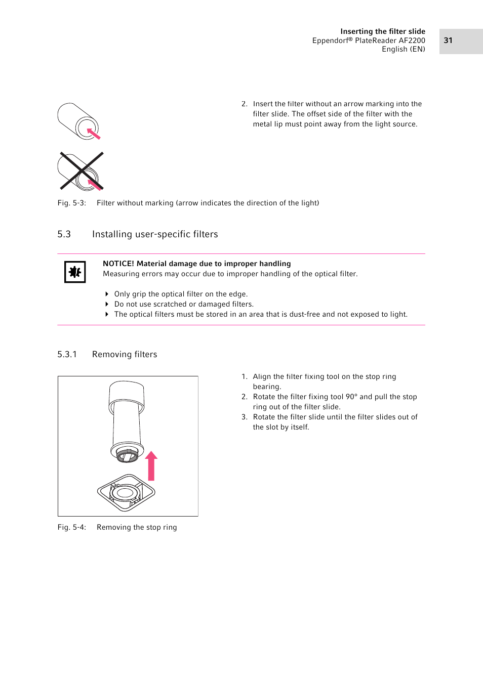 3 installing user-specific filters, 1 removing filters, Installing user-specific filters 5.3.1 | Removing filters | Eppendorf AF2200 Plate Reader User Manual | Page 31 / 72