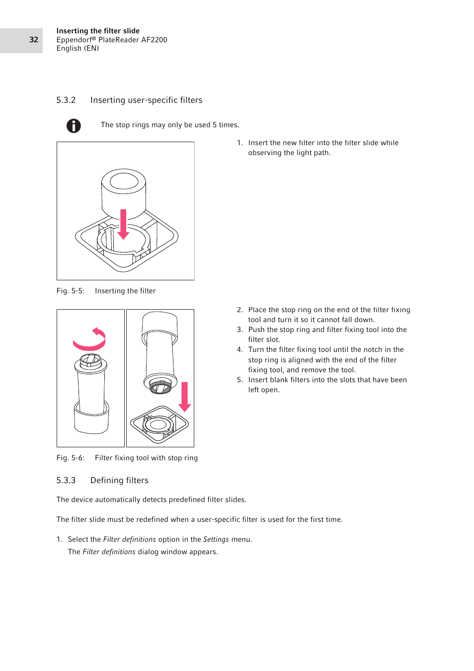 2 inserting user-specific filters, 3 defining filters, Inserting user-specific filters | Defining filters | Eppendorf AF2200 Plate Reader User Manual | Page 32 / 72