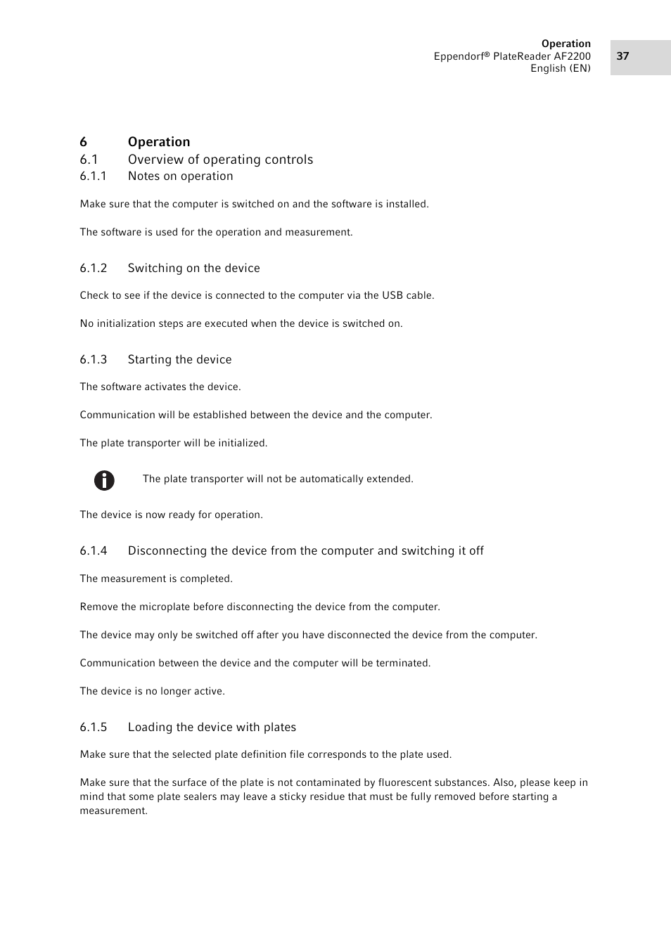 6 operation, 1 overview of operating controls, 1 notes on operation | 2 switching on the device, 3 starting the device, 5 loading the device with plates, Operation 6.1, Overview of operating controls 6.1.1, Notes on operation, Switching on the device | Eppendorf AF2200 Plate Reader User Manual | Page 37 / 72