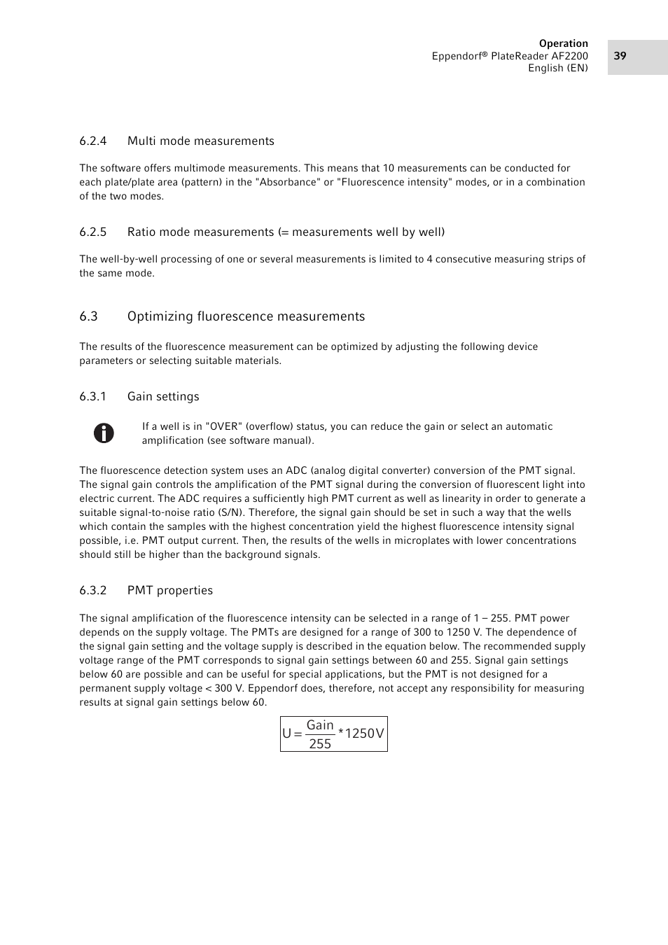 4 multi mode measurements, 3 optimizing fluorescence measurements, 1 gain settings | 2 pmt properties, Multi mode measurements, Optimizing fluorescence measurements 6.3.1, Gain settings, Pmt properties | Eppendorf AF2200 Plate Reader User Manual | Page 39 / 72