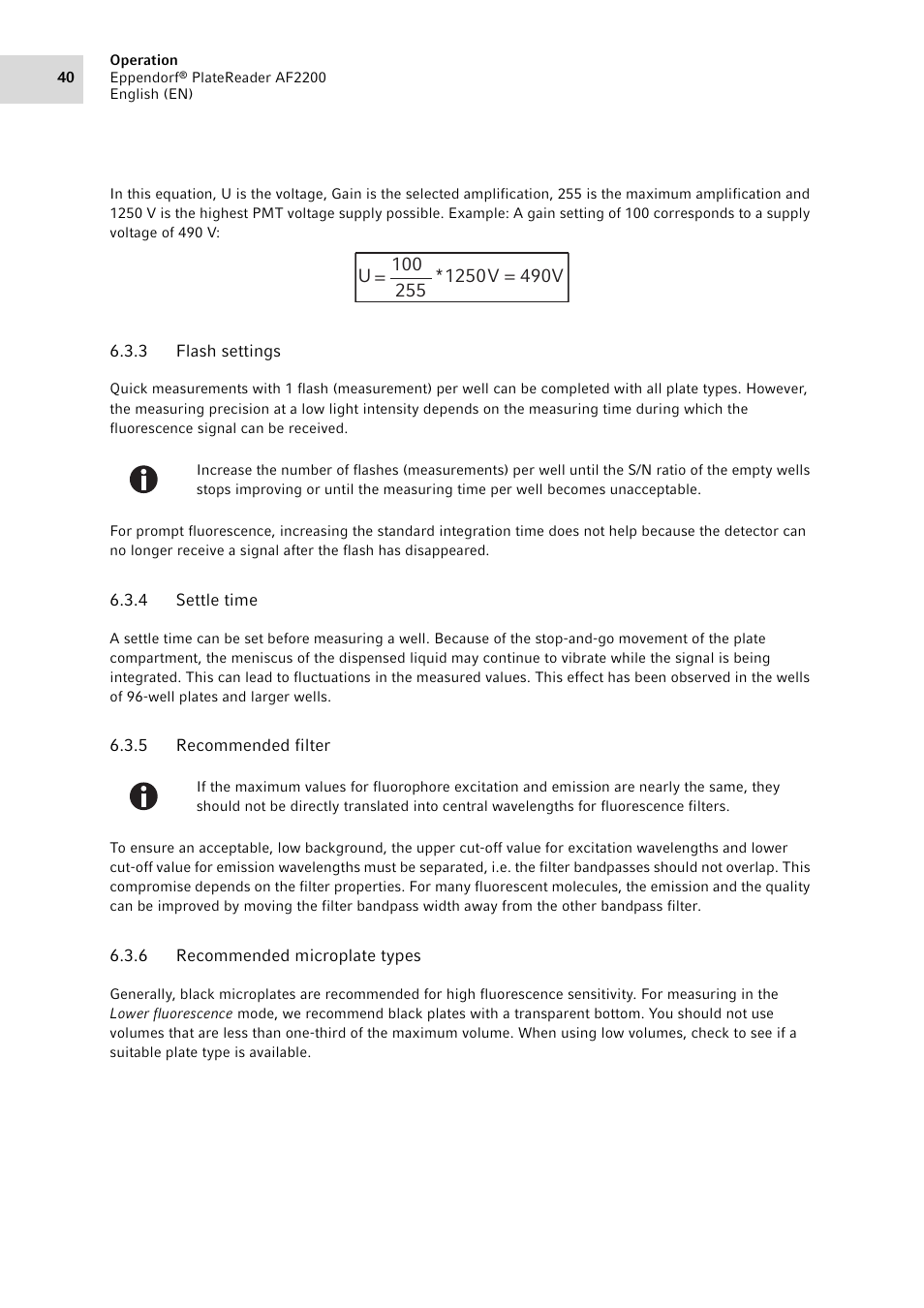 3 flash settings, 4 settle time, 5 recommended filter | 6 recommended microplate types, Flash settings, Settle time, Recommended filter, Recommended microplate types | Eppendorf AF2200 Plate Reader User Manual | Page 40 / 72