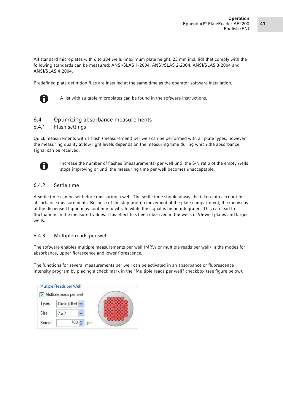 4 optimizing absorbance measurements, 1 flash settings, 2 settle time | 3 multiple reads per well, Optimizing absorbance measurements 6.4.1, Flash settings, Settle time, Multiple reads per well | Eppendorf AF2200 Plate Reader User Manual | Page 41 / 72