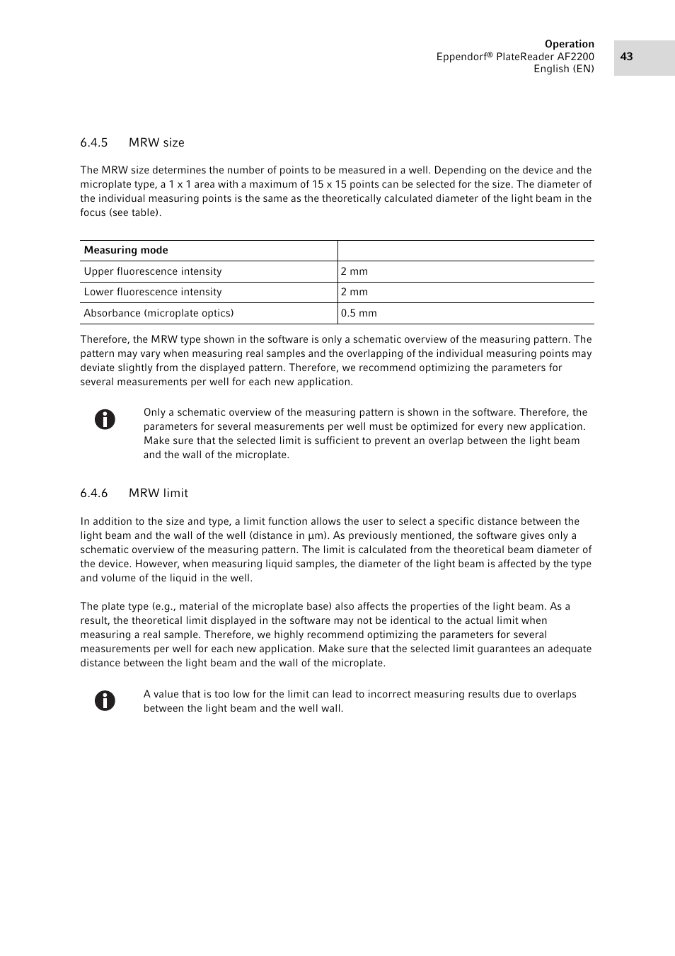 5 mrw size, 6 mrw limit, Mrw size | Mrw limit | Eppendorf AF2200 Plate Reader User Manual | Page 43 / 72