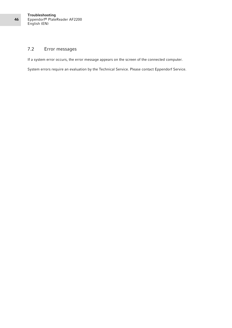2 error messages, Error messages | Eppendorf AF2200 Plate Reader User Manual | Page 46 / 72