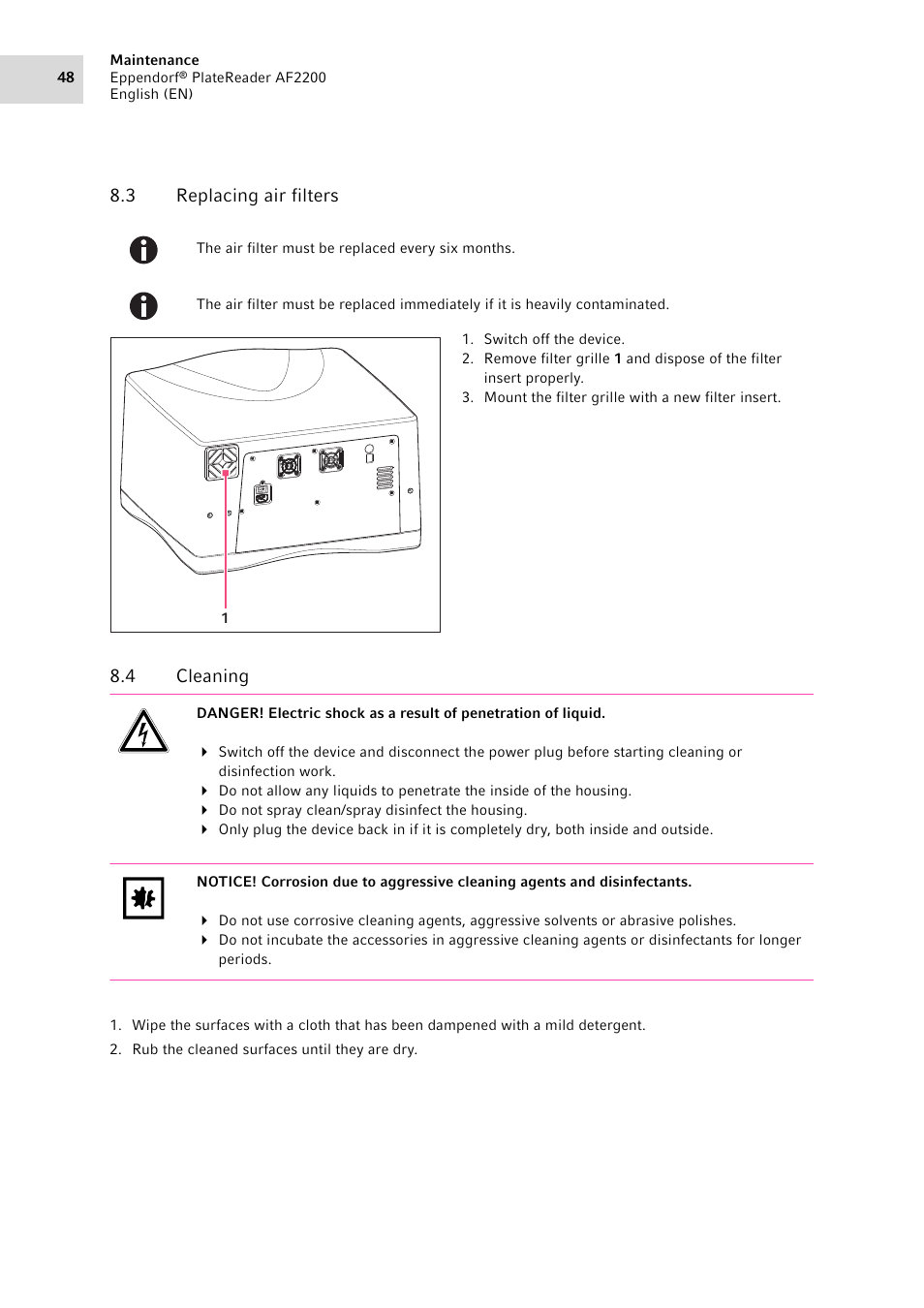 3 replacing air filters, 4 cleaning, Replacing air filters | Cleaning, 3 replacing air filters 8.4 cleaning | Eppendorf AF2200 Plate Reader User Manual | Page 48 / 72