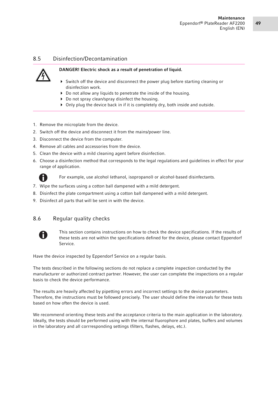 5 disinfection/decontamination, 6 regular quality checks, Disinfection/decontamination | Regular quality checks | Eppendorf AF2200 Plate Reader User Manual | Page 49 / 72