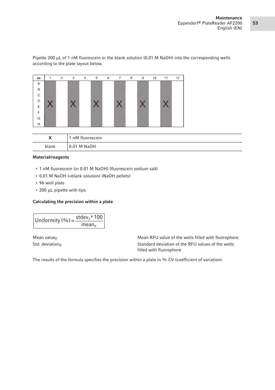 Mean 100 * stdev (%) uniformity | Eppendorf AF2200 Plate Reader User Manual | Page 53 / 72