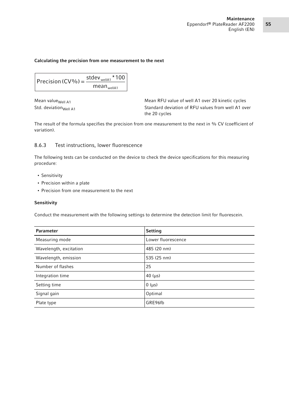 3 test instructions, lower fluorescence, Test instructions, lower fluorescence, Mean 100 * stdev (cv%) precision | Eppendorf AF2200 Plate Reader User Manual | Page 55 / 72
