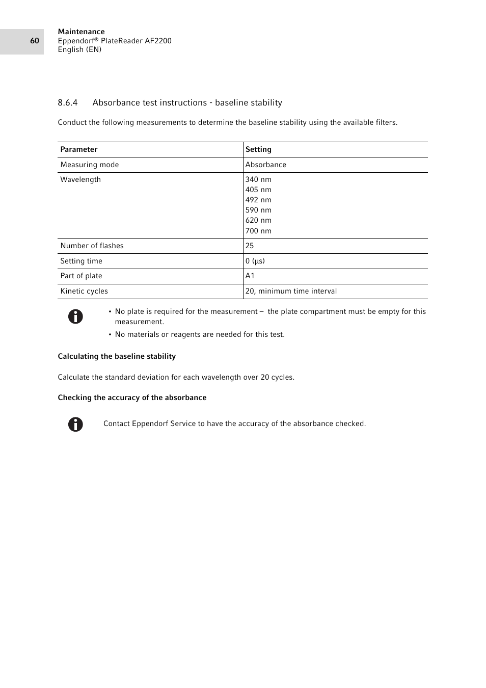 Absorbance test instructions - baseline stability | Eppendorf AF2200 Plate Reader User Manual | Page 60 / 72
