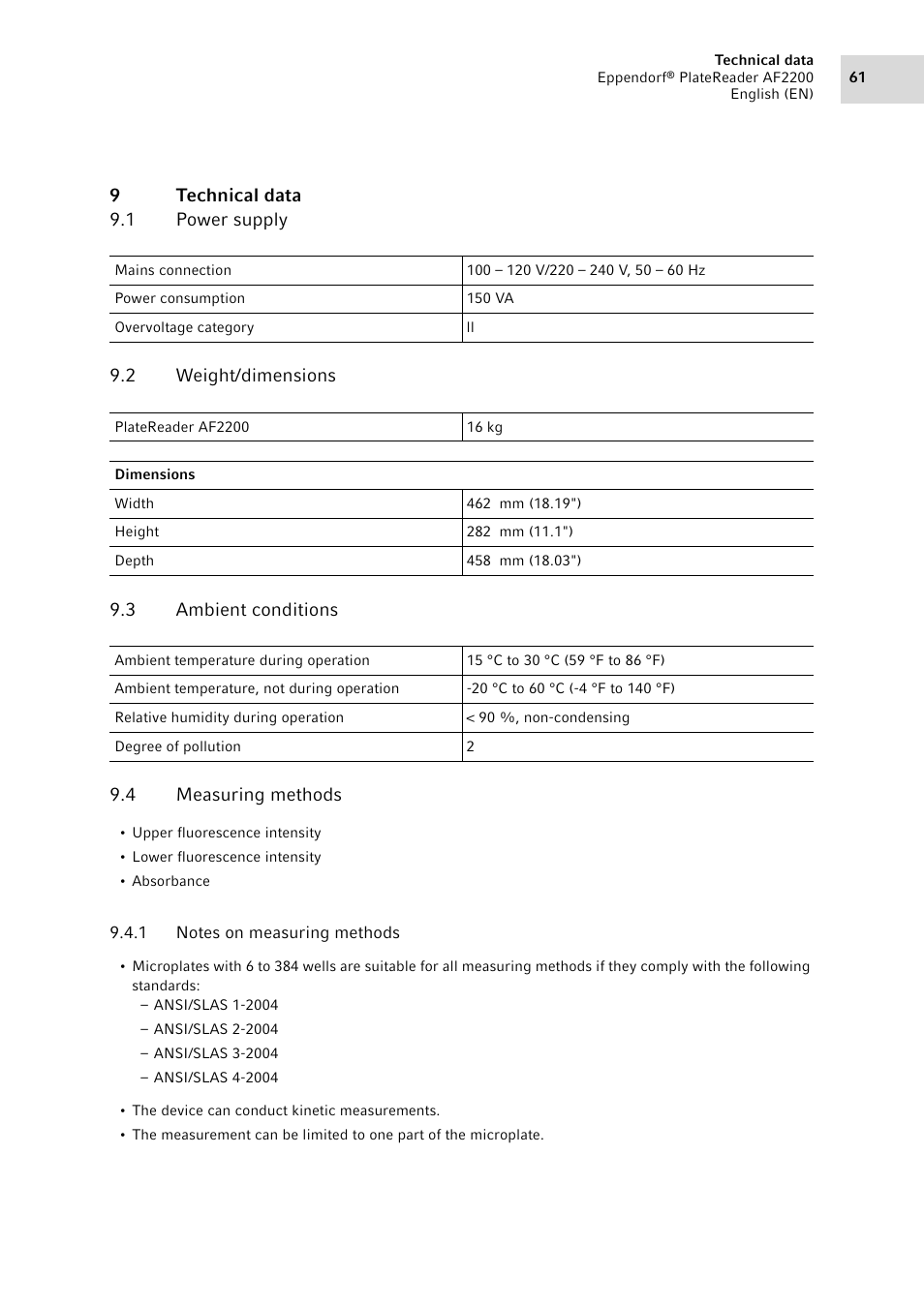 9 technical data, 1 power supply, 2 weight/dimensions | 3 ambient conditions, 4 measuring methods, 1 notes on measuring methods, Technical data 9.1, Power supply, Weight/dimensions, Ambient conditions | Eppendorf AF2200 Plate Reader User Manual | Page 61 / 72