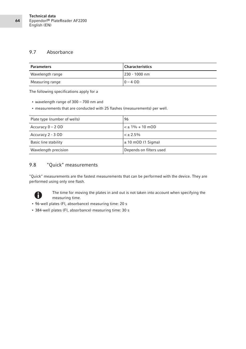 7 absorbance, 8 "quick" measurements, Absorbance | Quick" measurements | Eppendorf AF2200 Plate Reader User Manual | Page 64 / 72