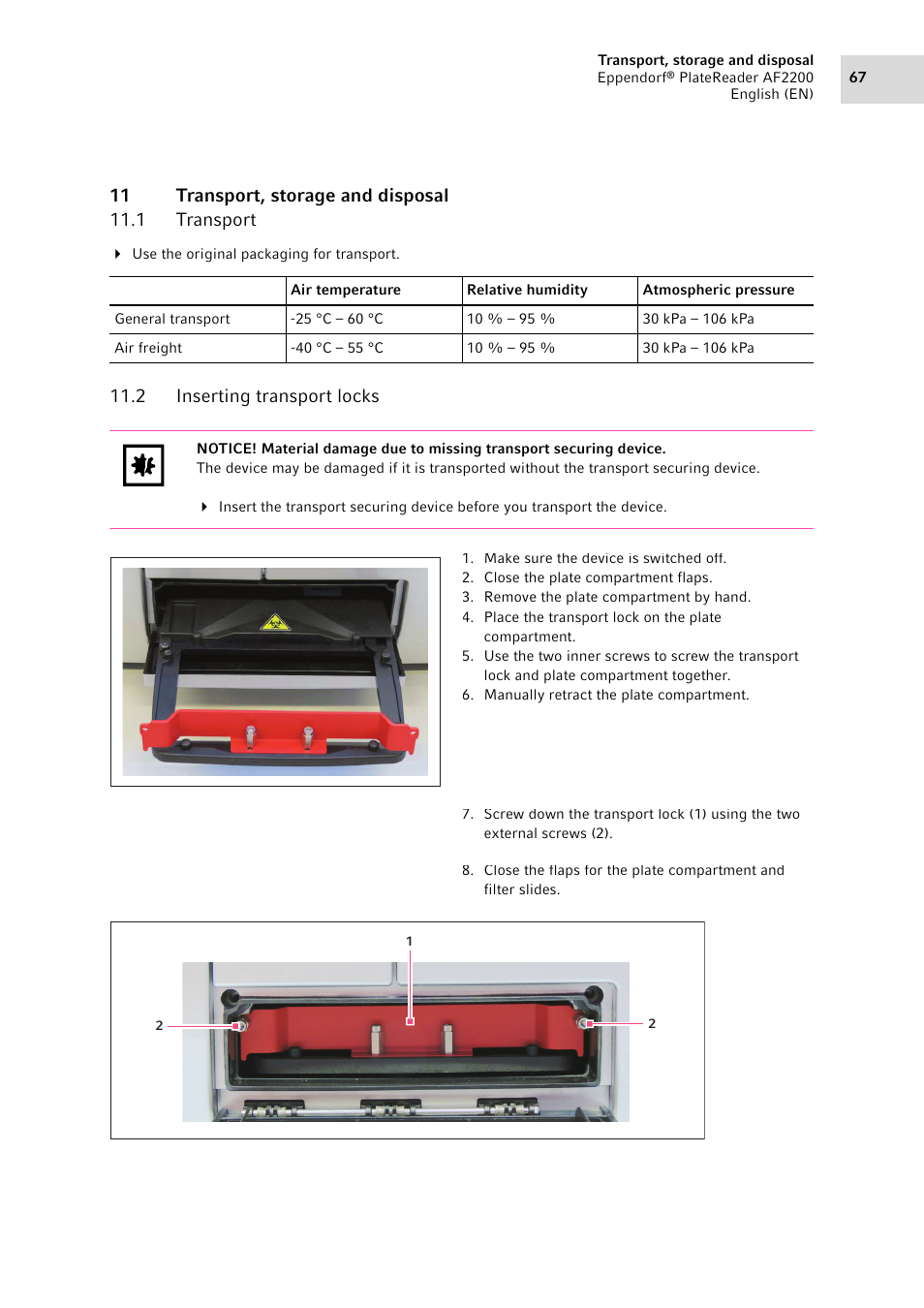 11 transport, storage and disposal, 1 transport, 2 inserting transport locks | Transport, Inserting transport locks | Eppendorf AF2200 Plate Reader User Manual | Page 67 / 72