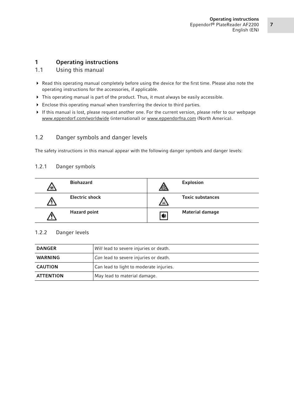 1 operating instructions, 1 using this manual, 2 danger symbols and danger levels | 1 danger symbols, 2 danger levels, Operating instructions 1.1, Using this manual, Danger symbols and danger levels 1.2.1, Danger symbols, Danger levels | Eppendorf AF2200 Plate Reader User Manual | Page 7 / 72