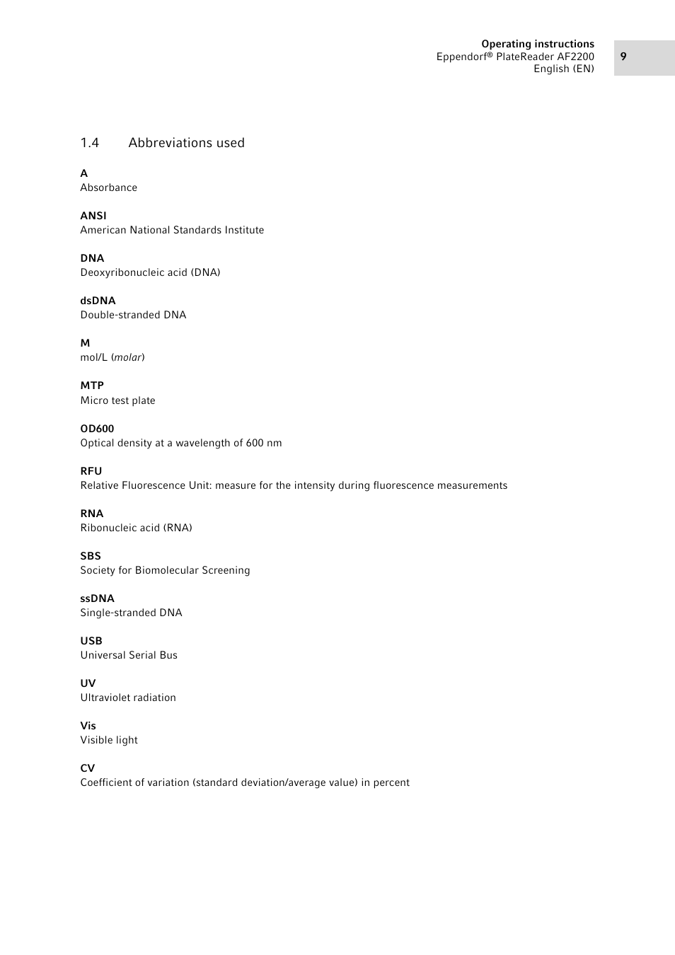4 abbreviations used, Abbreviations used | Eppendorf AF2200 Plate Reader User Manual | Page 9 / 72