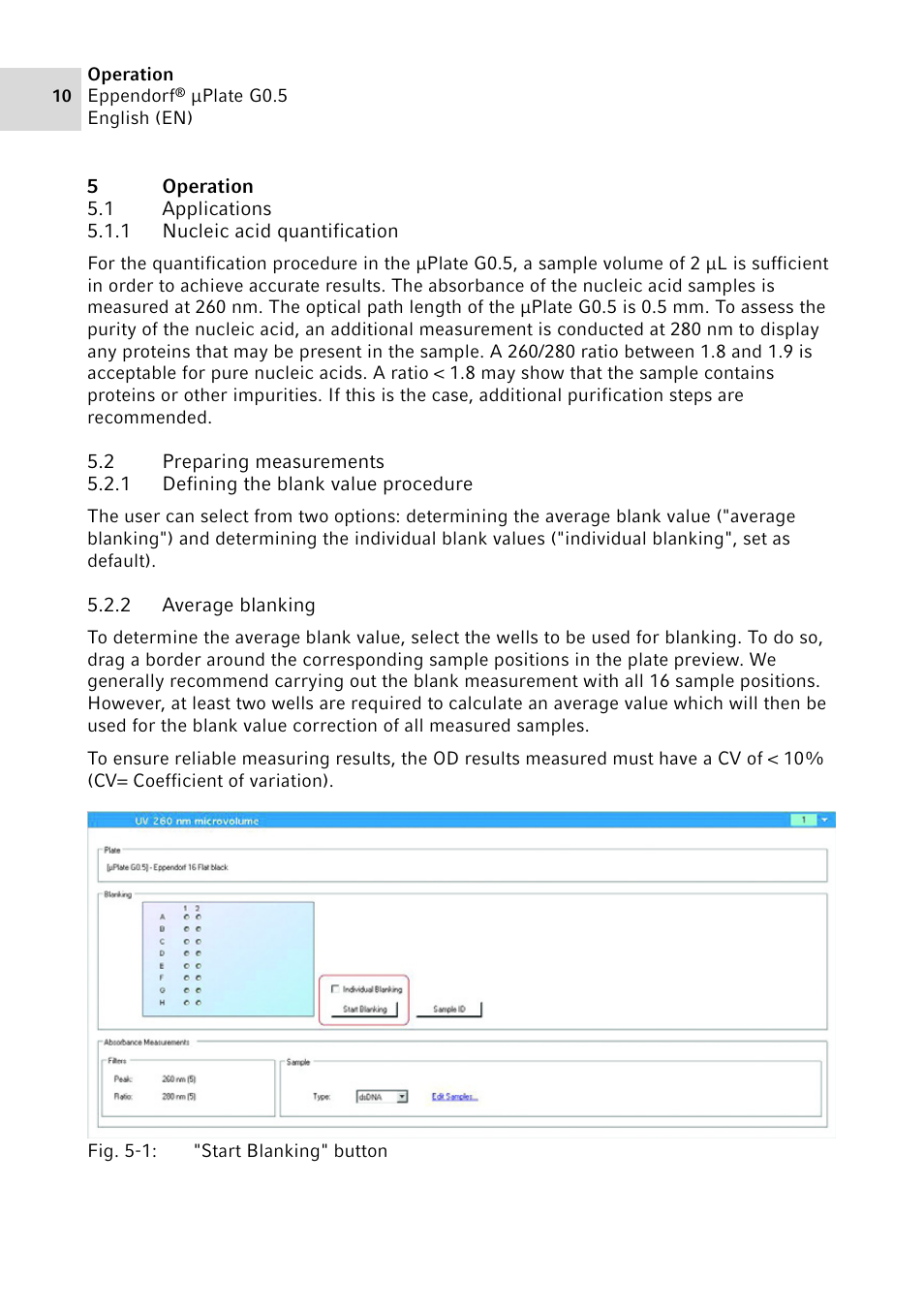 5 operation, 1 applications, 1 nucleic acid quantification | 2 preparing measurements, 1 defining the blank value procedure, 2 average blanking, Operation 5.1, Applications 5.1.1, Nucleic acid quantification, Preparing measurements 5.2.1 | Eppendorf G0.5 µPlate User Manual | Page 10 / 32