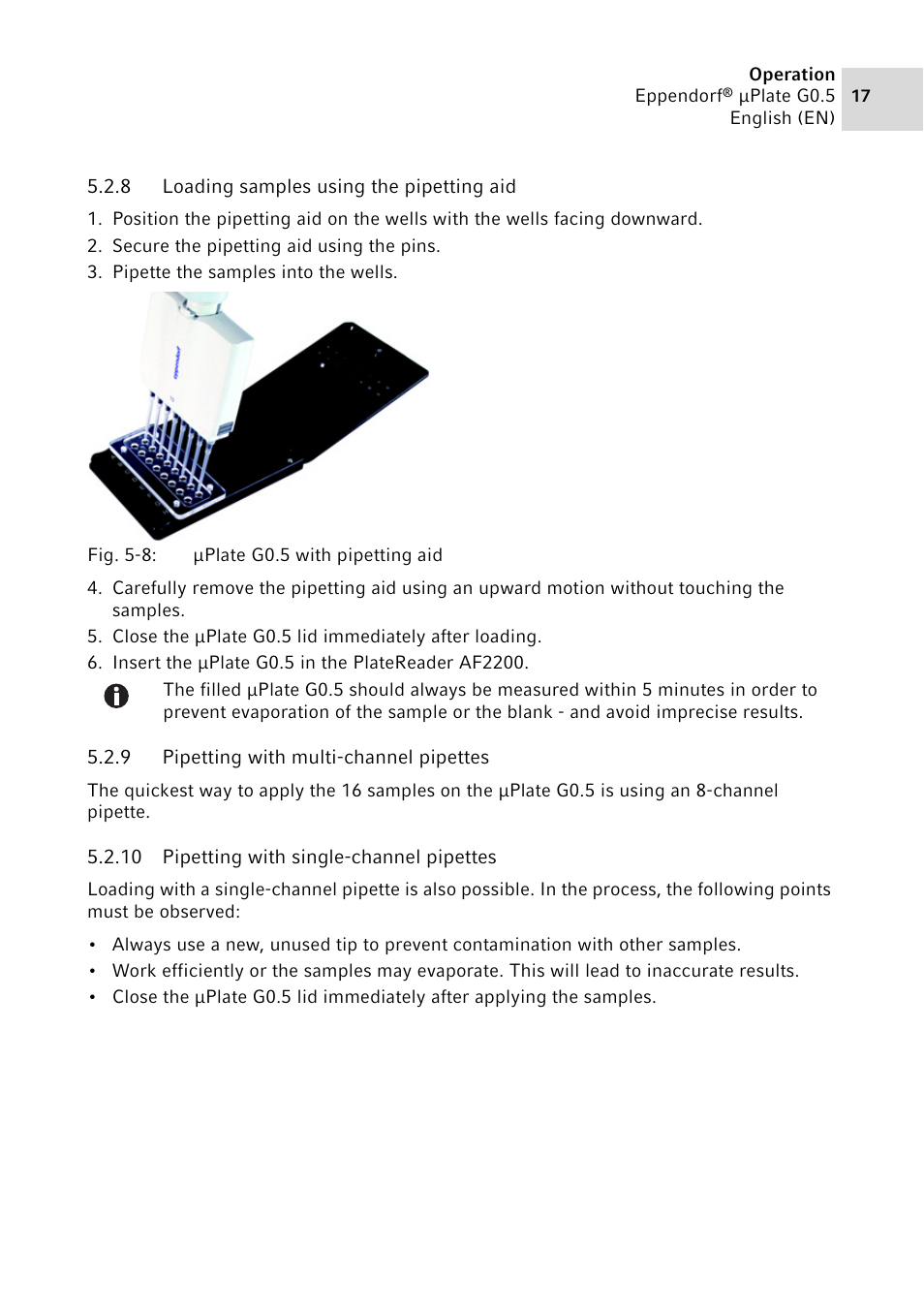 8 loading samples using the pipetting aid, 9 pipetting with multi-channel pipettes, 10 pipetting with single-channel pipettes | Loading samples using the pipetting aid, Pipetting with multi-channel pipettes, Pipetting with single-channel pipettes | Eppendorf G0.5 µPlate User Manual | Page 17 / 32