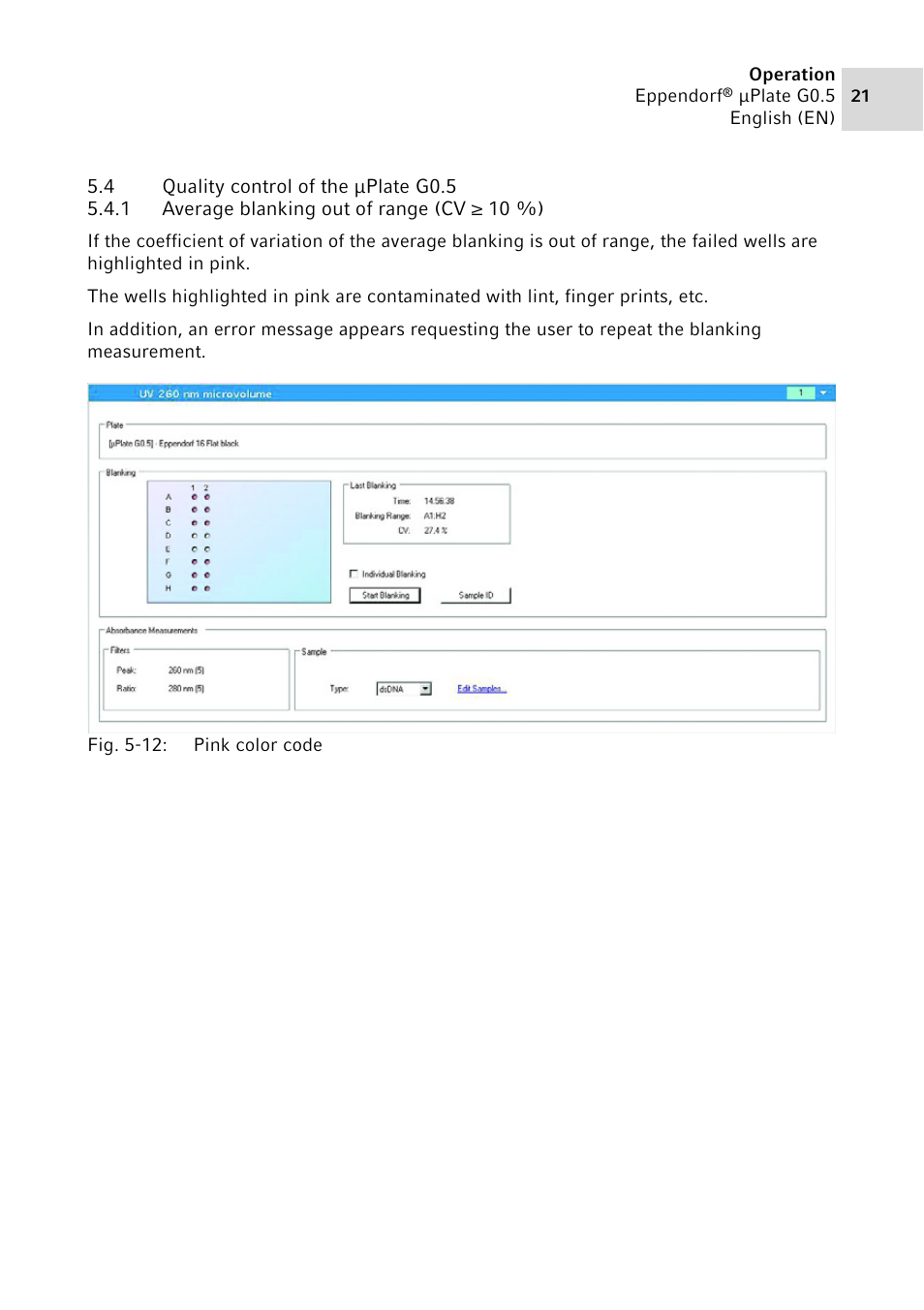 4 quality control of the µplate g0.5, 1 average blanking out of range (cv ≥ 10 %), Quality control of the μplate g0.5 5.4.1 | Average blanking out of range (cv ≥ 10 %) | Eppendorf G0.5 µPlate User Manual | Page 21 / 32