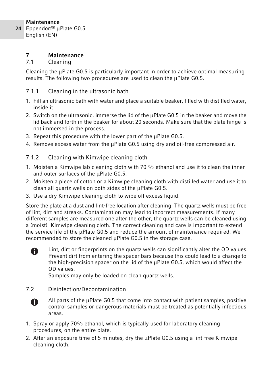 7 maintenance, 1 cleaning, 1 cleaning in the ultrasonic bath | 2 cleaning with kimwipe cleaning cloth, 2 disinfection/decontamination, Maintenance 7.1, Cleaning, Disinfection/decontamination | Eppendorf G0.5 µPlate User Manual | Page 24 / 32