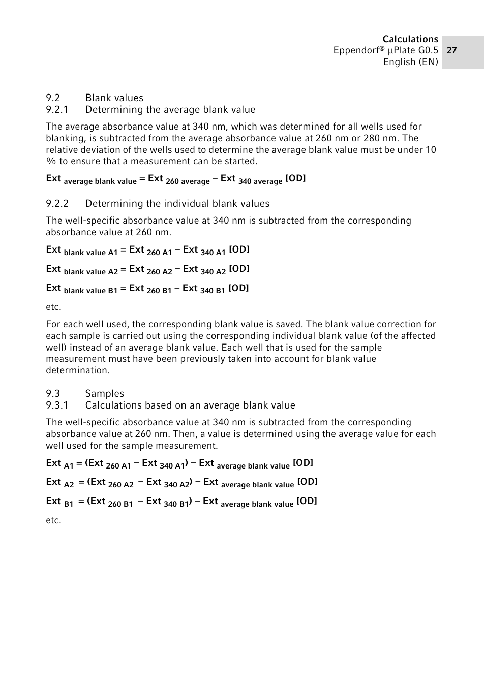 2 blank values, 1 determining the average blank value, 2 determining the individual blank values | 3 samples, 1 calculations based on an average blank value, Blank values 9.2.1, Determining the average blank value, Determining the individual blank values, Samples 9.3.1, Calculations based on an average blank value | Eppendorf G0.5 µPlate User Manual | Page 27 / 32