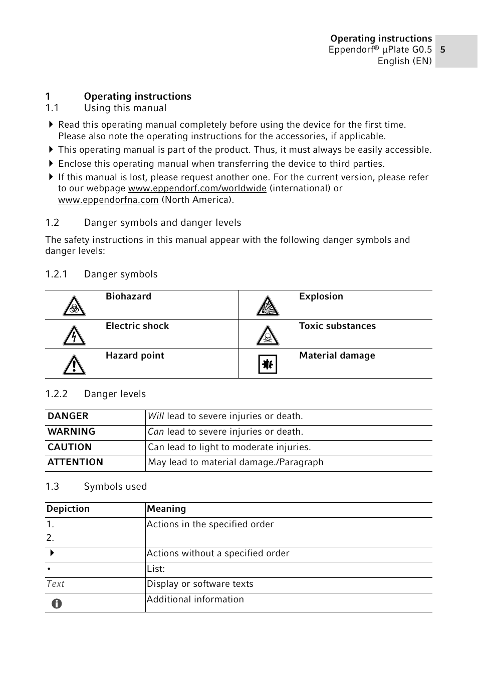 1 operating instructions, 1 using this manual, 2 danger symbols and danger levels | 1 danger symbols, 2 danger levels, 3 symbols used, Operating instructions 1.1, Using this manual, Danger symbols and danger levels 1.2.1, Danger symbols | Eppendorf G0.5 µPlate User Manual | Page 5 / 32