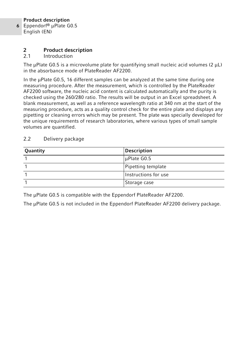 2 product description, 1 introduction, 2 delivery package | Product description 2.1, Introduction, Delivery package | Eppendorf G0.5 µPlate User Manual | Page 6 / 32