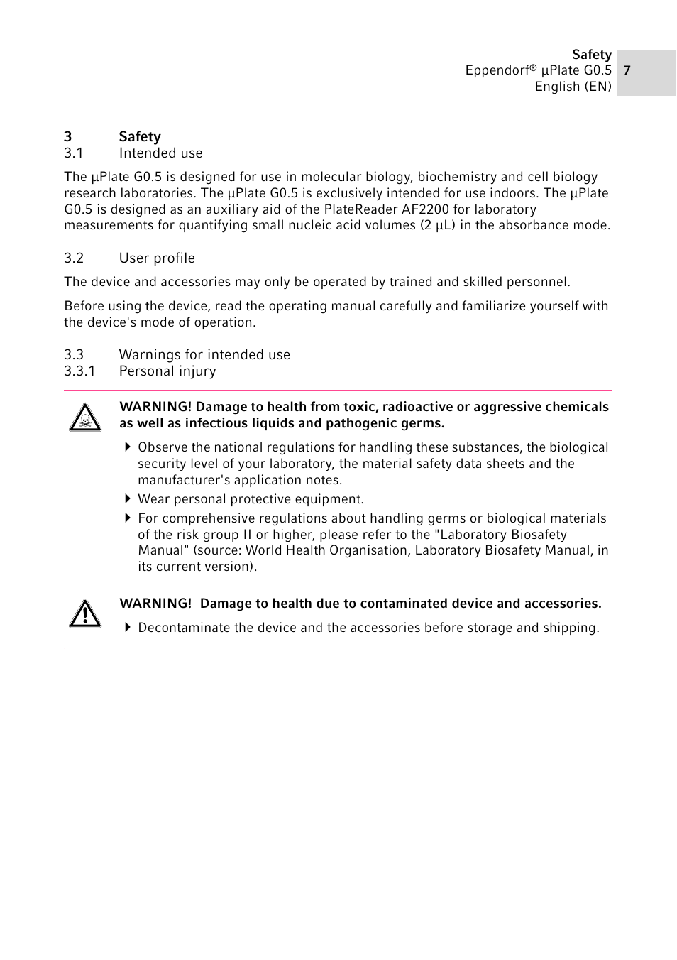 3 safety, 1 intended use, 2 user profile | 3 warnings for intended use, 1 personal injury, Safety 3.1, Intended use, User profile, Warnings for intended use 3.3.1, Personal injury | Eppendorf G0.5 µPlate User Manual | Page 7 / 32