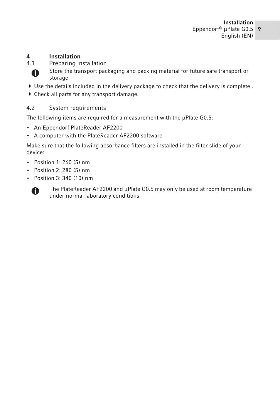 4 installation, 1 preparing installation, 2 system requirements | Installation 4.1, Preparing installation, System requirements | Eppendorf G0.5 µPlate User Manual | Page 9 / 32