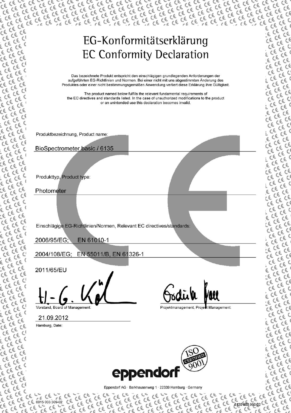 Certificates | Eppendorf BioSpectrometer basic User Manual | Page 101 / 104