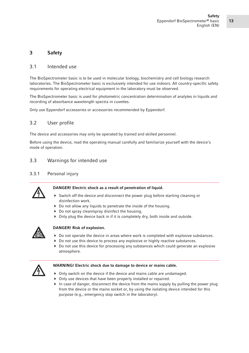 3 safety, 1 intended use, 2 user profile | 3 warnings for intended use, 1 personal injury, Safety 3.1, Intended use, User profile, Warnings for intended use 3.3.1, Personal injury | Eppendorf BioSpectrometer basic User Manual | Page 13 / 104