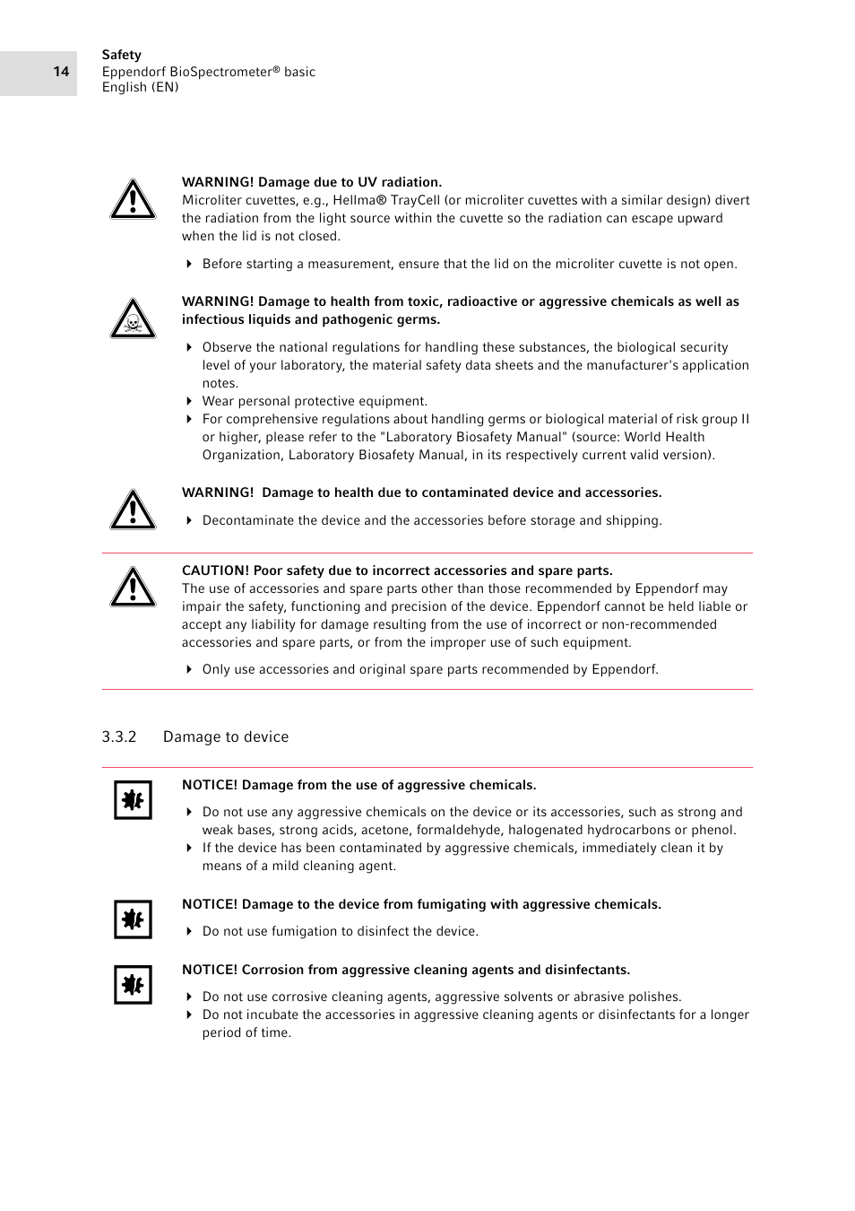 2 damage to device, Damage to device | Eppendorf BioSpectrometer basic User Manual | Page 14 / 104