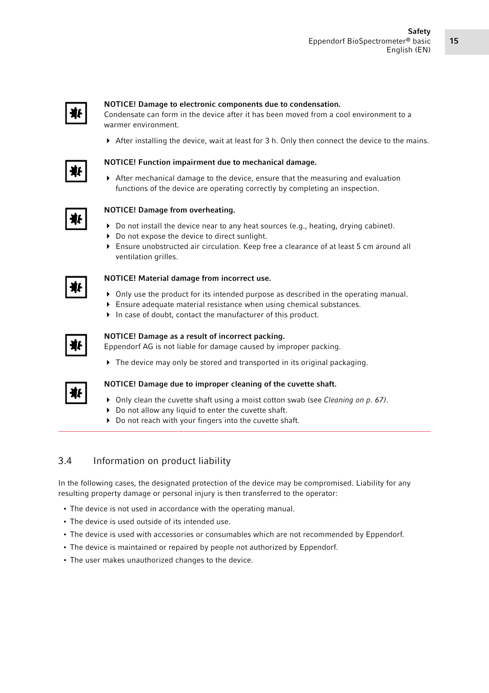 4 information on product liability, Information on product liability | Eppendorf BioSpectrometer basic User Manual | Page 15 / 104